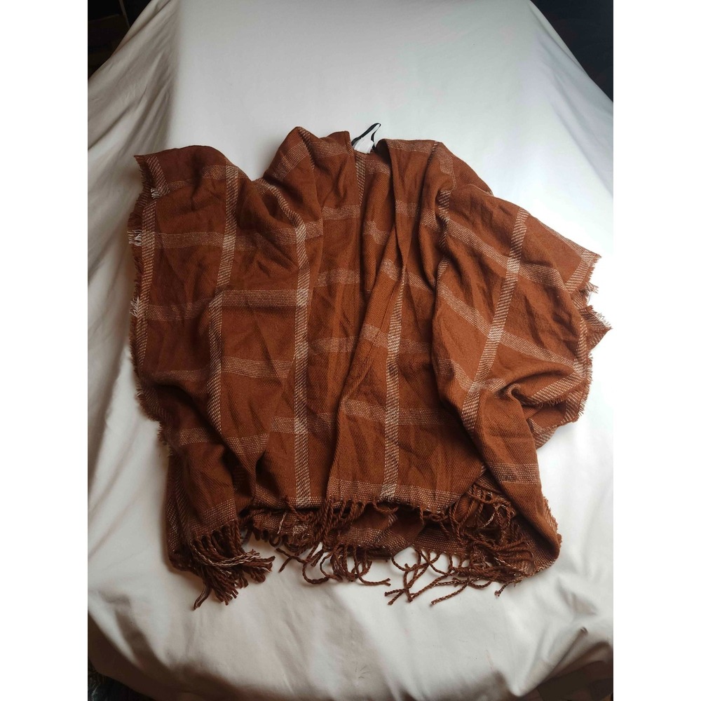 Sonoma Goods for Life Plaid Sweater Women One Size Brown Knit Fringe Poncho